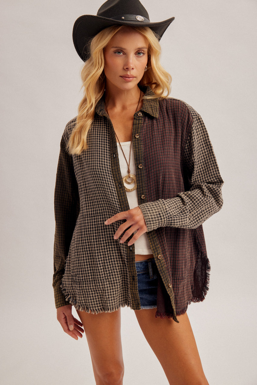 36943 Mixed Checker Print Button Down