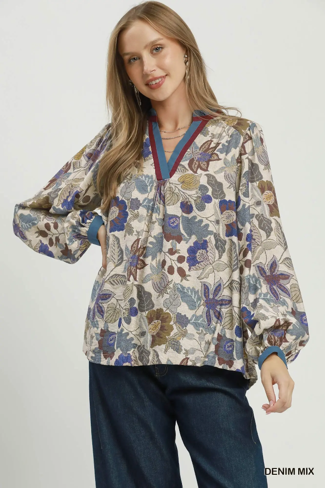D1370 Floral Contrast LS Top