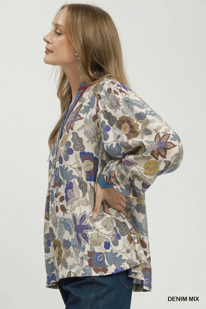 D1370 Floral Contrast LS Top