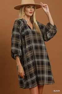 C6890 Plaid Leopard Balloon Sleeve Dress