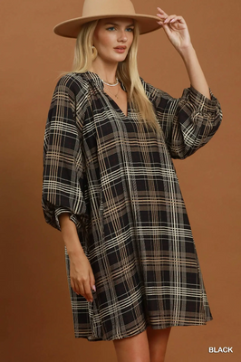 C6890 Plaid Leopard Balloon Sleeve Dress