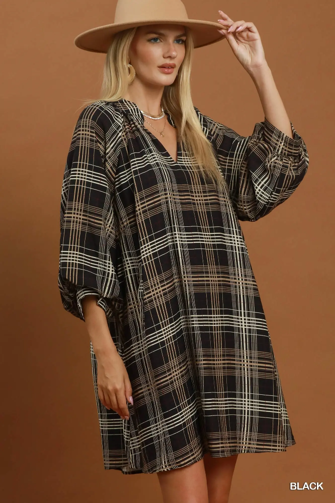 C6890 Plaid Leopard Balloon Sleeve Dress