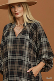 C6890 Plaid Leopard Balloon Sleeve Dress