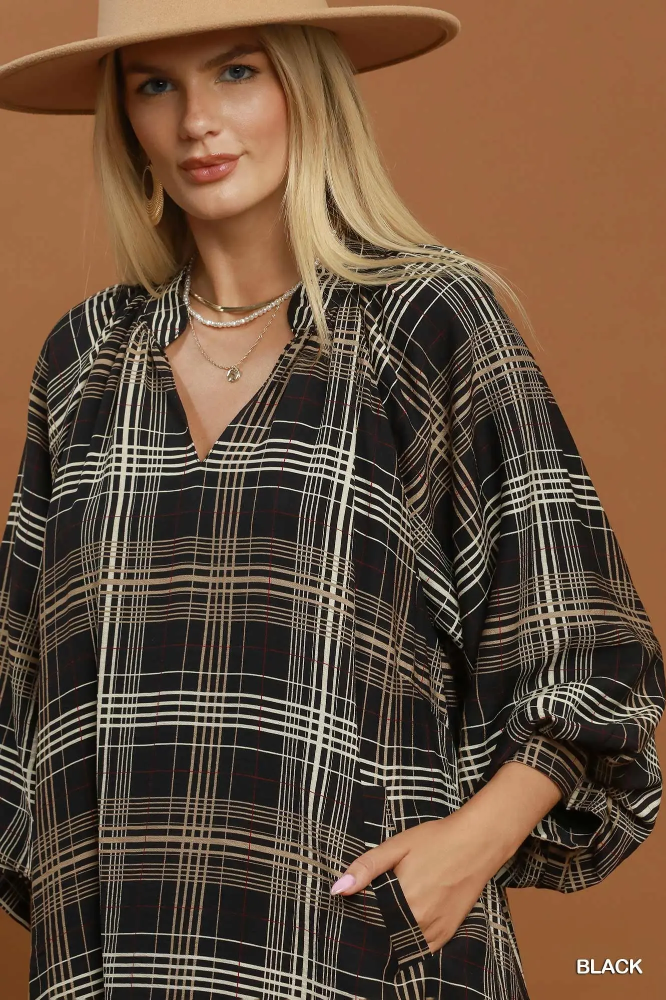 C6890 Plaid Leopard Balloon Sleeve Dress