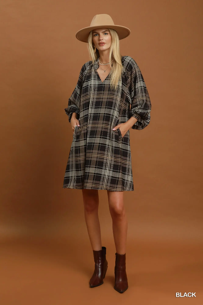 C6890 Plaid Leopard Balloon Sleeve Dress