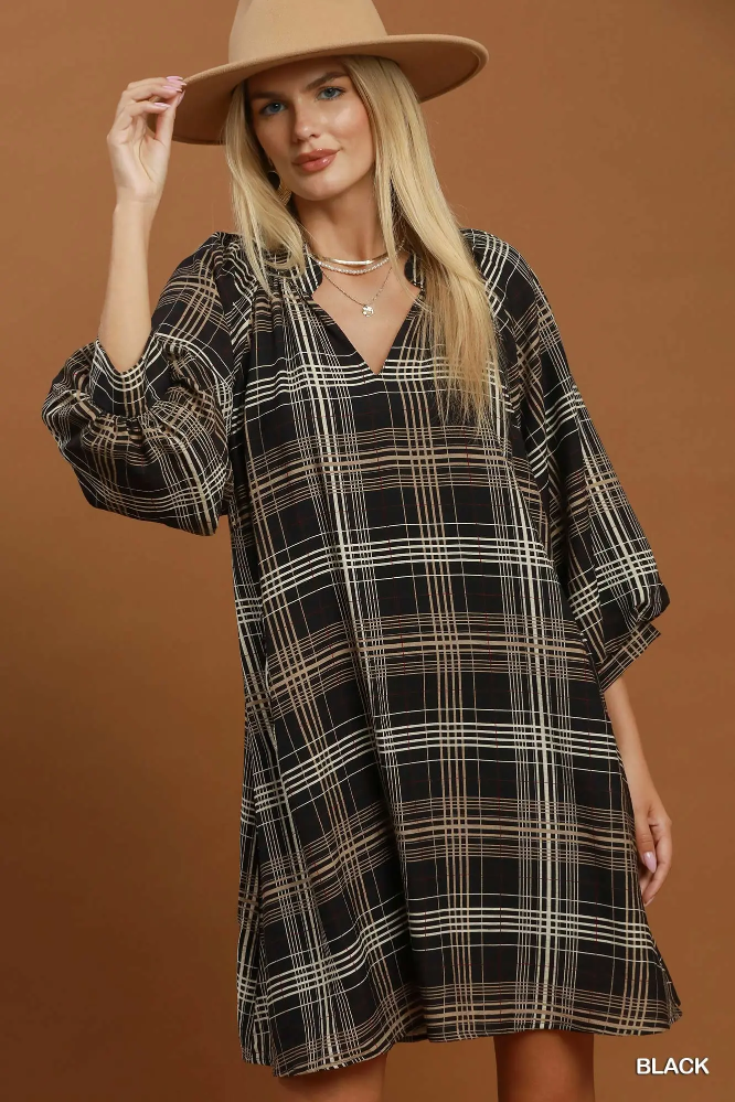 C6890 Plaid Leopard Balloon Sleeve Dress