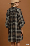 C6890 Plaid Leopard Balloon Sleeve Dress