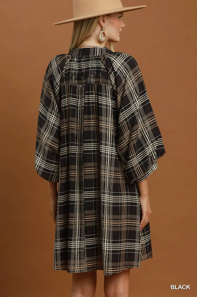 C6890 Plaid Leopard Balloon Sleeve Dress