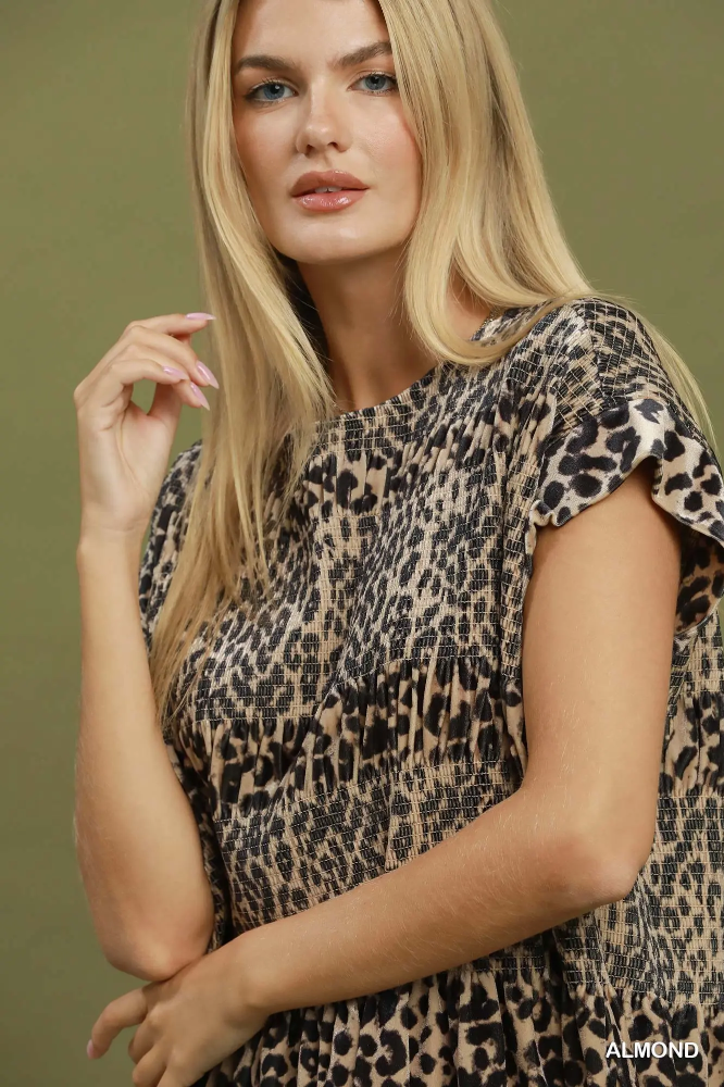 C6898 Velvet Leopard Smocked Peplum Top