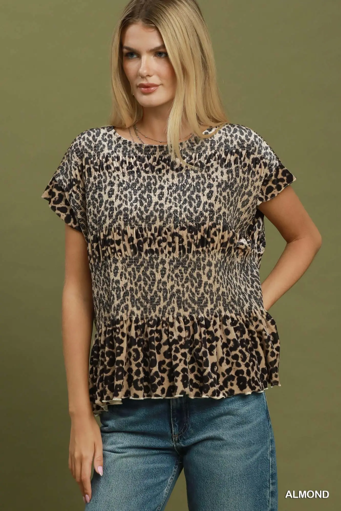 C6898 Velvet Leopard Smocked Peplum Top