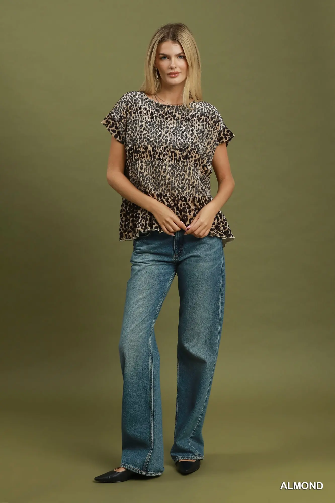 C6898 Velvet Leopard Smocked Peplum Top