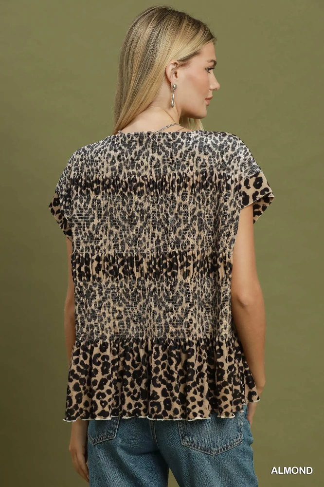 C6898 Velvet Leopard Smocked Peplum Top
