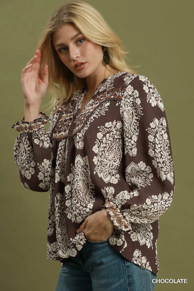 N7250 Boho Paisley Floral Blouse