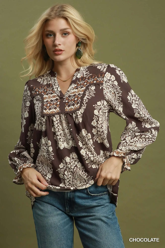 N7250 Boho Paisley Floral Blouse