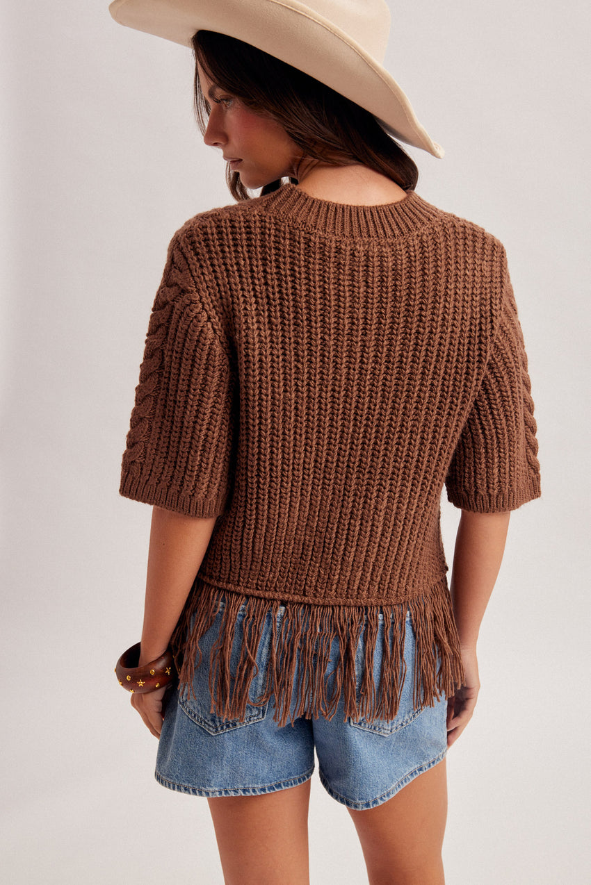 39516 Brown Fringe Sweater