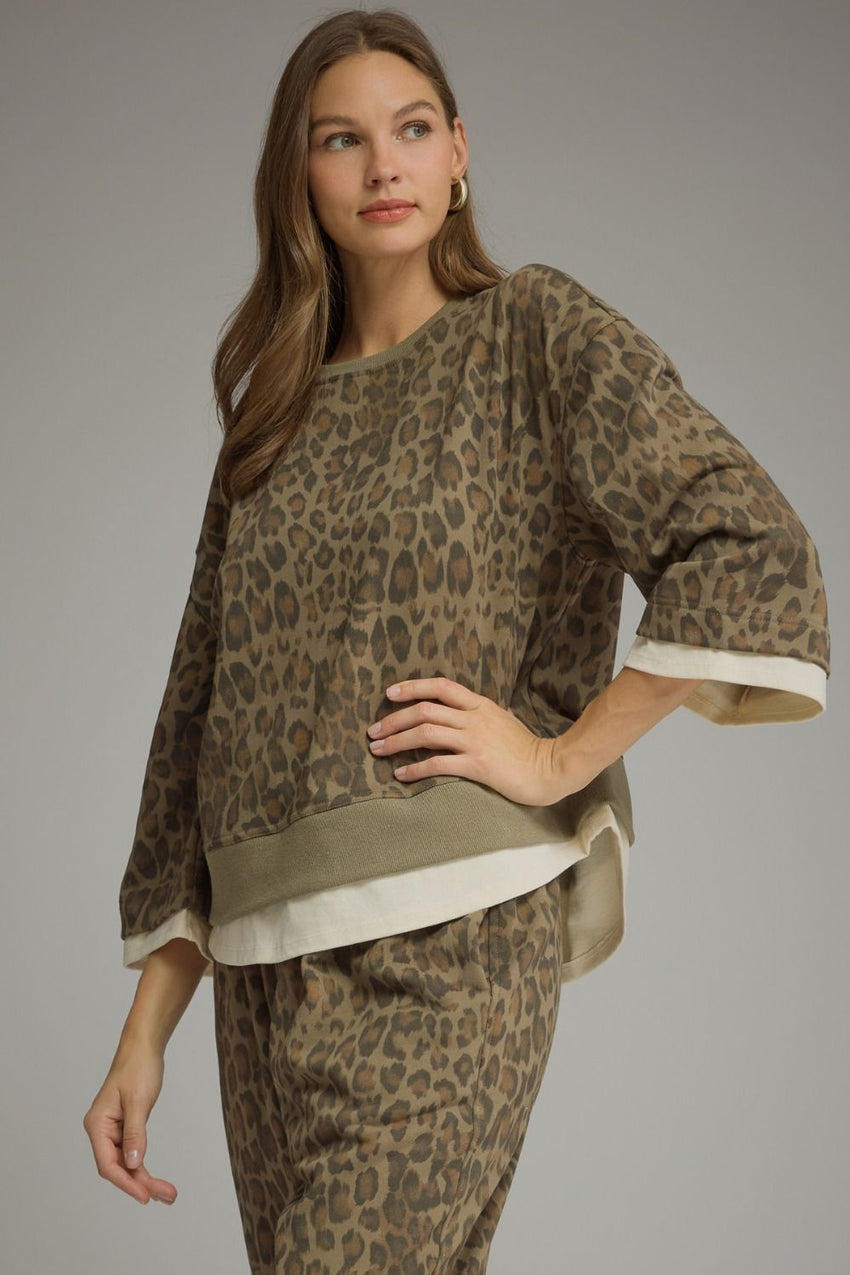 T34234 Olive Animal Print Top