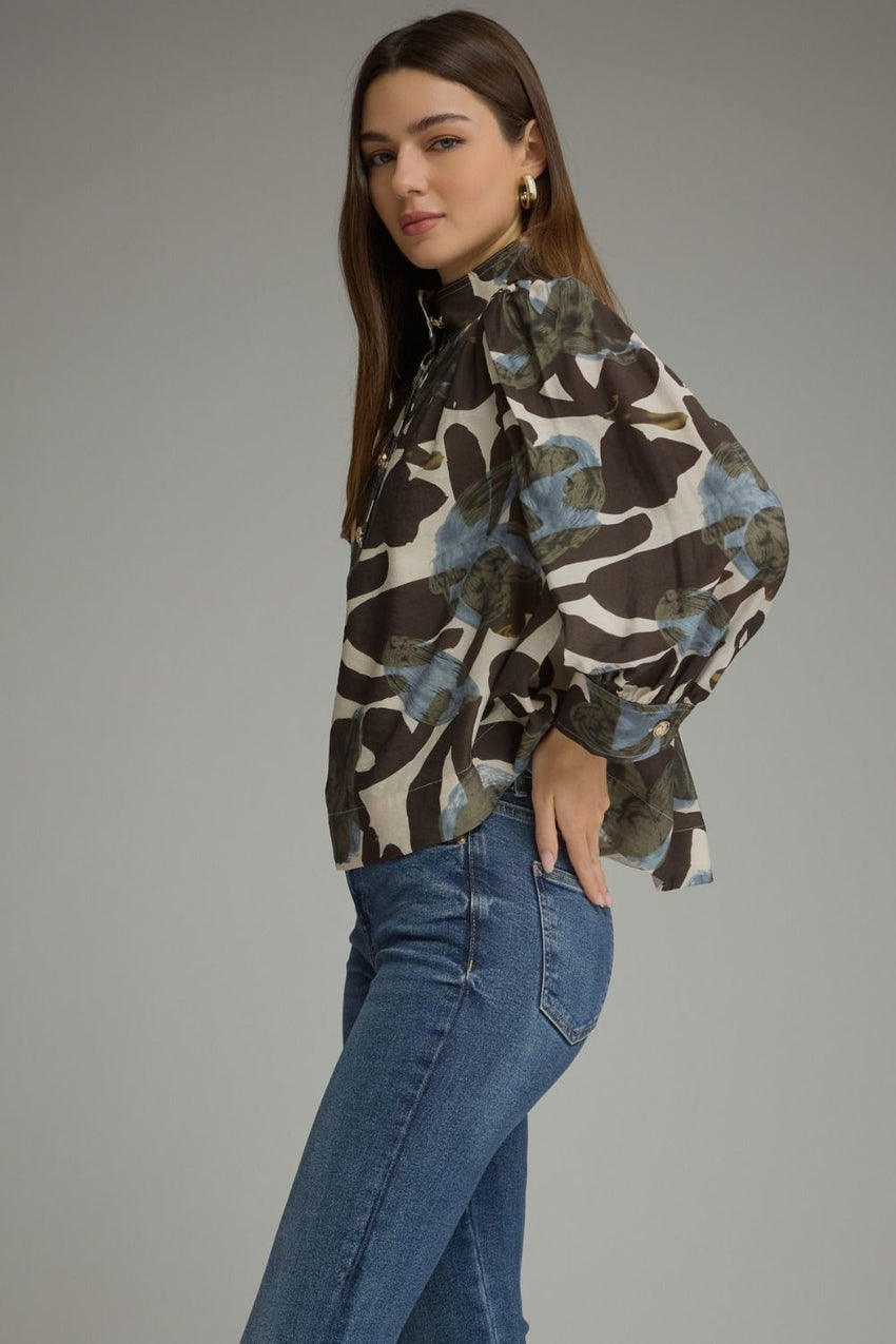 T33747 Ecru Print Puff Sleeve Top