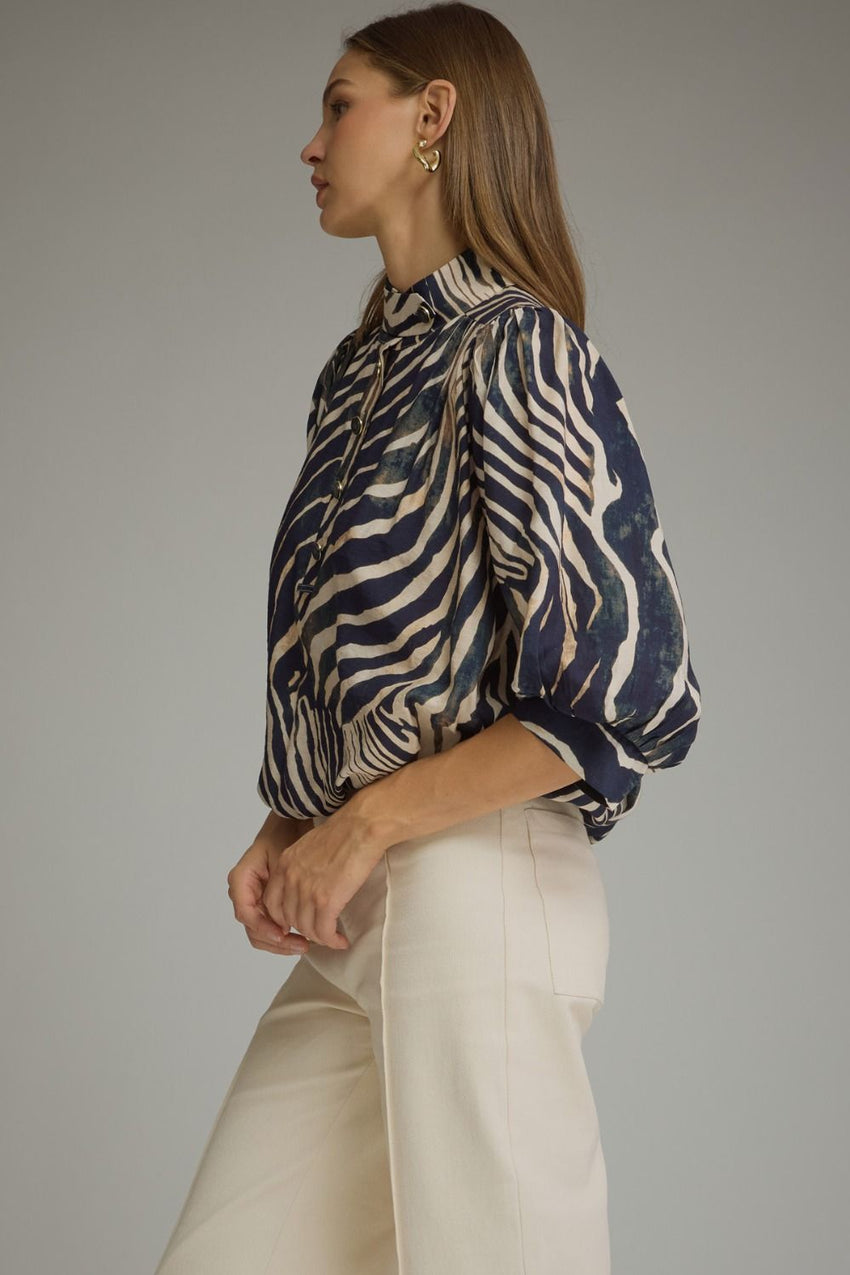 T34083 Navy Zebra Print Top