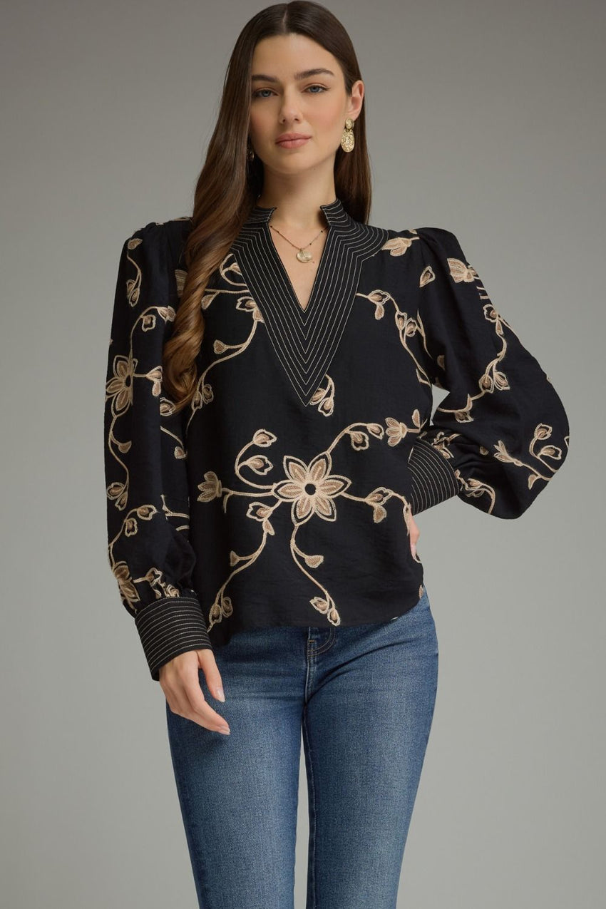 T33414 Floral Embroidered V-Neck