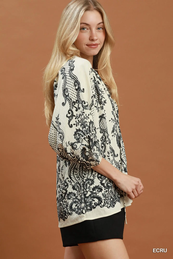 C6581 Boho Tie Neck Blouse
