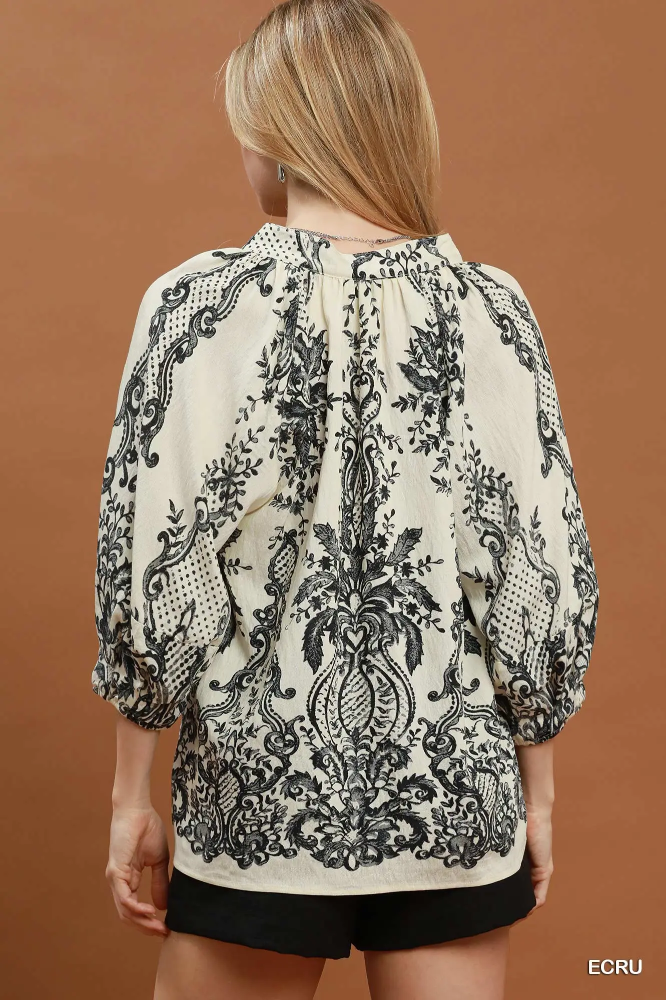 C6581 Boho Tie Neck Blouse