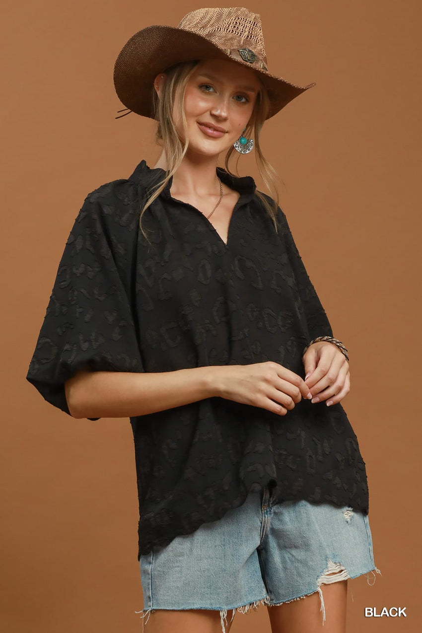 C6731 Textured Black Puff Sleeves