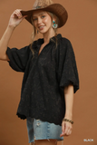 C6731 Textured Black Puff Sleeves