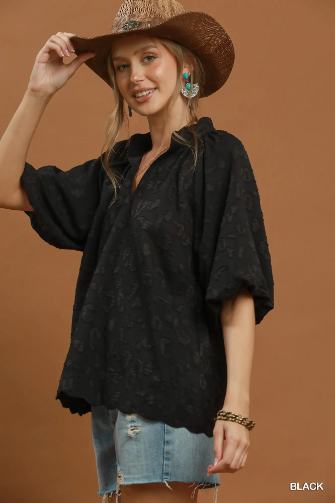 C6731 Textured Black Puff Sleeves