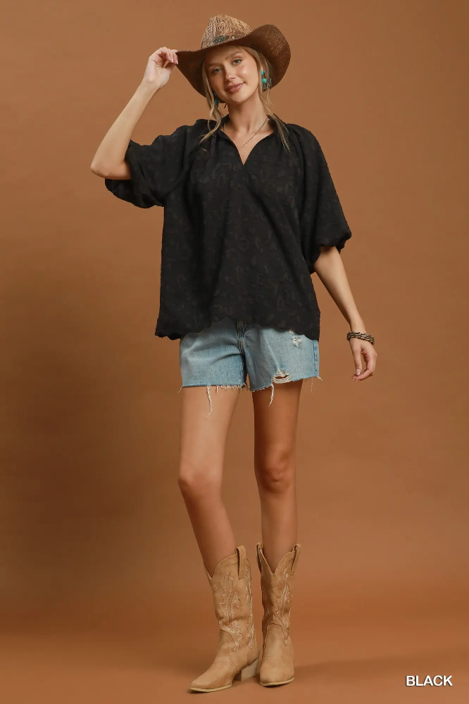 C6731 Textured Black Puff Sleeves