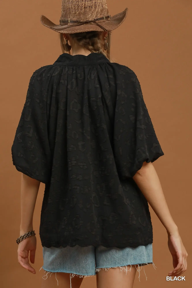 C6731 Textured Black Puff Sleeves