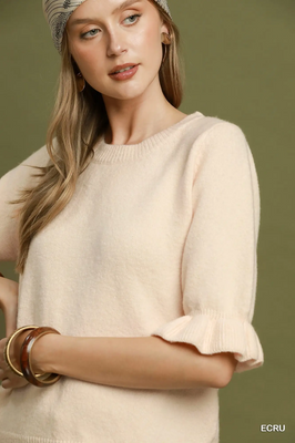N7184 Ecru Ruffle Sleeve Sweater