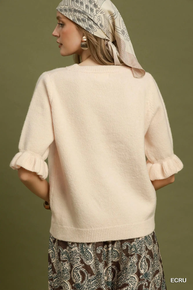 N7184 Ecru Ruffle Sleeve Sweater