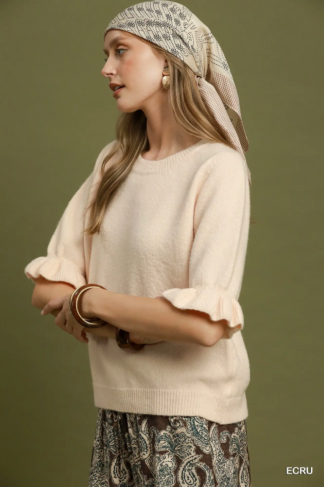 N7184 Ecru Ruffle Sleeve Sweater
