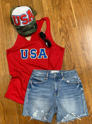 USA RACERBACK TANK ON RED